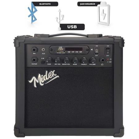 Midex MGA-25BK Elektro Gitar Amfisi 25 Watt USB Bluetooth Şarjlı 2 Girişli