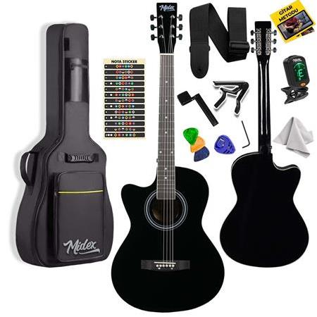 Midex XC-121 Siyah Kaliteli SOLAK Akustik Gitar Gül Klavye Sap Ayarlı 4/4 Yetişkin Boy Full Set