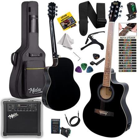 Midex XC-300XBK-AMP Profesyonel AMFİLİ Siyah Elektro Akustik Gitar (Amfi Gigbag Çanta Tuner Capo)