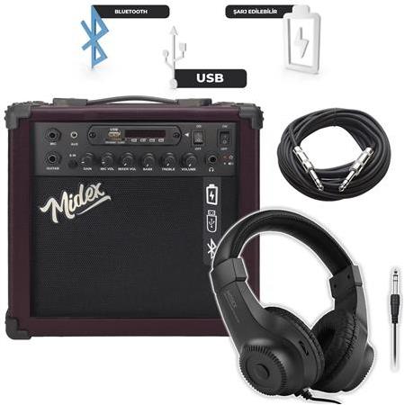 Midex MGA-25BN-HD Elektro Gitar Amfisi 25 Watt USB Bluetooth ve Şarjlı (Amfi Kulaklık ve Jack Kablo)