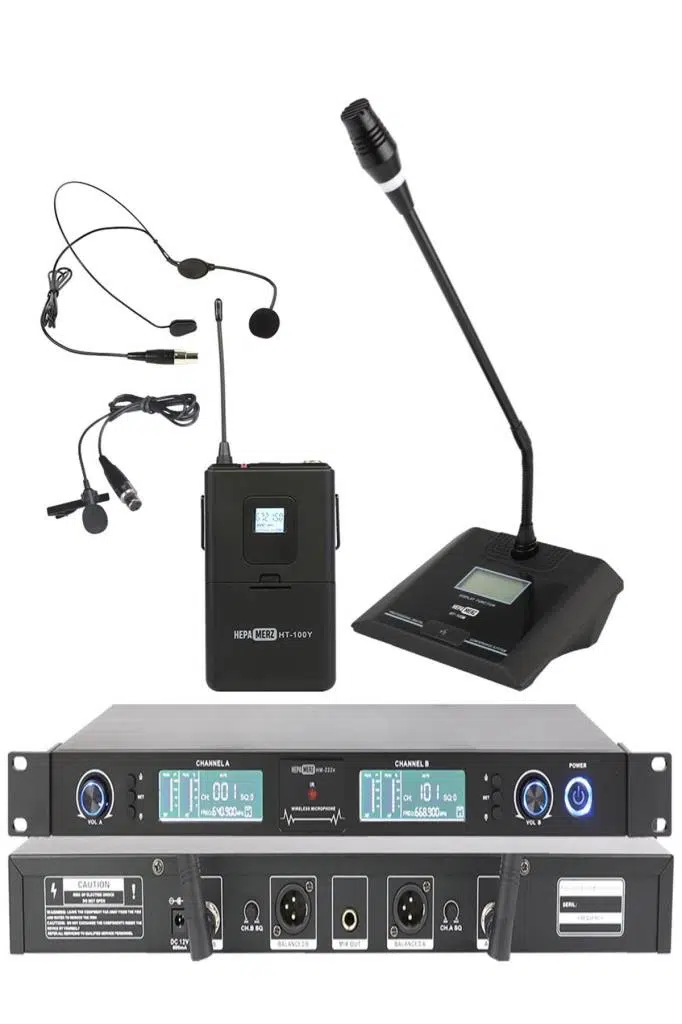 Hepa Merz HM-222HM Dijital UHF 2'li Üst Kalite Kablosuz Yaka Headset ve Masa Mikrofonu Telsiz Mikrofon