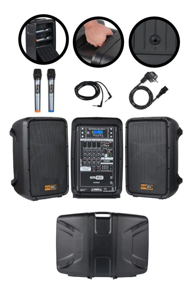Hepa Merz Potent Kompakt Portatif Ses Sistemi Mixer Çift Hoparlör ve Çift Mikrofon 1000W