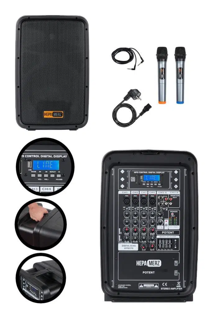 Hepa Merz Potent Kompakt Portatif Ses Sistemi Mixer Çift Hoparlör ve Çift Mikrofon 1000W