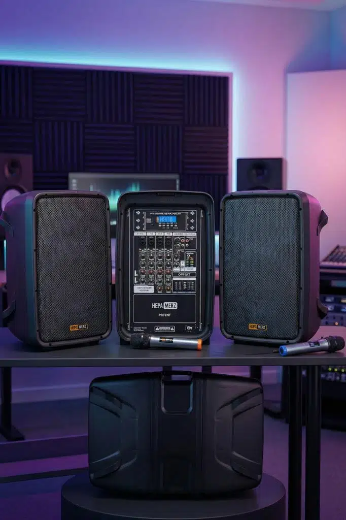 Hepa Merz Potent Kompakt Portatif Ses Sistemi Mixer Çift Hoparlör ve Çift Mikrofon 1000W Hepa Merz Potent Kompakt Portatif Ses Sistemi Mixer Çift Hoparlör ve Çift Mikrofon 1000W