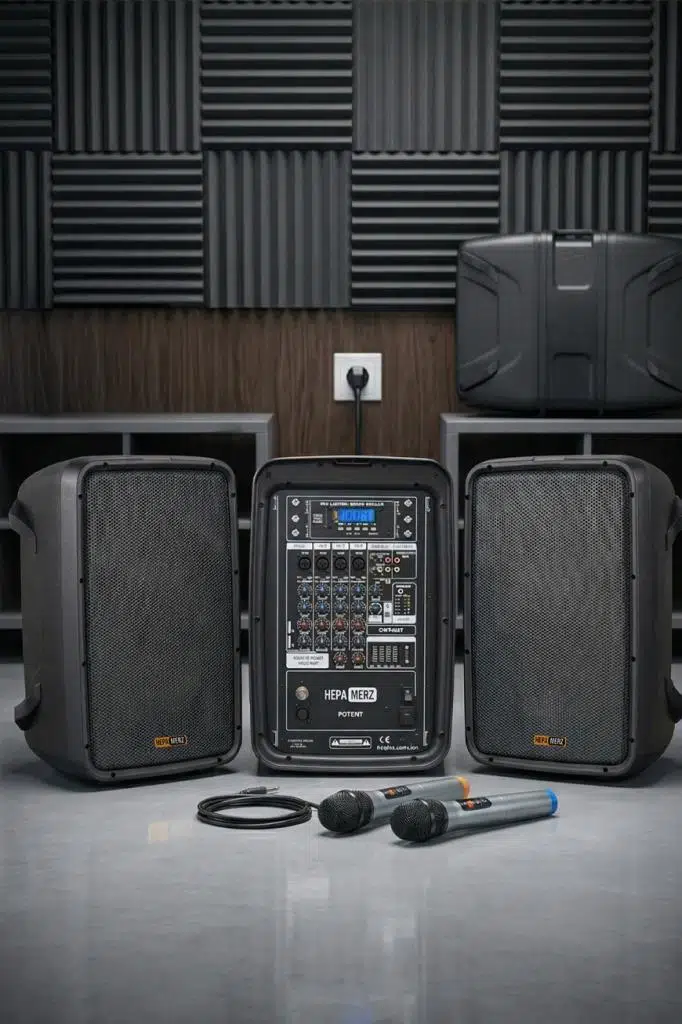 Hepa Merz Potent Kompakt Portatif Ses Sistemi Mixer Çift Hoparlör ve Çift Mikrofon 1000W Hepa Merz Potent Kompakt Portatif Ses Sistemi Mixer Çift Hoparlör ve Çift Mikrofon 1000W