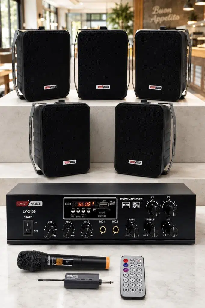 Lastvoice Black Large Plus Paket-4 Hoparlör ve Anfi Anons Ses Sistemi Seti Lastvoice Black Large Plus Paket-4 Hoparlör ve Anfi Anons Ses Sistemi Seti