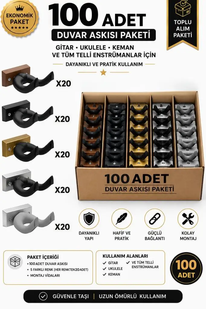 Lastvoice EDS-666-100X Kaliteli 100'lü Enstrüman Duvar Askısı Standı Aparatı Toptan Paket-2 (Gitar, Ukulele, Keman, Bağlama Uyumlu)