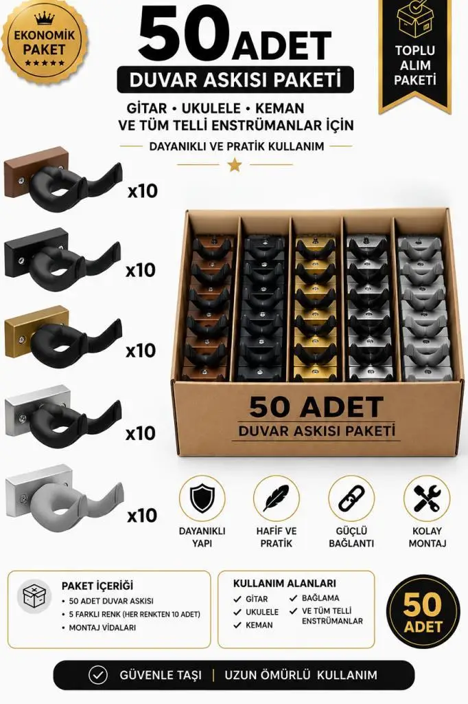 Lastvoice EDS-666-50X Kaliteli 50'li Enstrüman Duvar Askısı Standı Aparatı Toptan Paket-1 (Gitar, Ukulele, Keman, Bağlama Uyumlu)