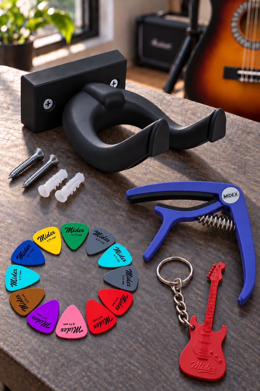 Lastvoice GDS-666BK Siyah Gitar Duvar Askısı Mor Kapo (Capo) ve 12'li Pena Seti