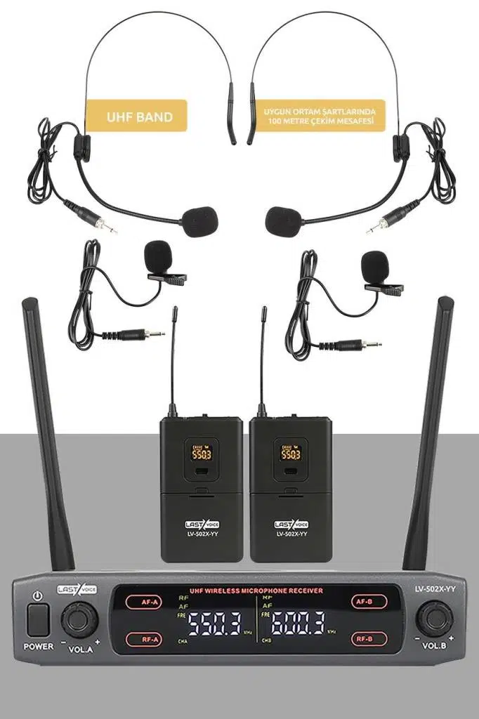 Lastvoice Lv-502H UHF Dijital 2x30 Kanal Çiftli Yaka Kafa Telsiz Kablosuz Mikrofon