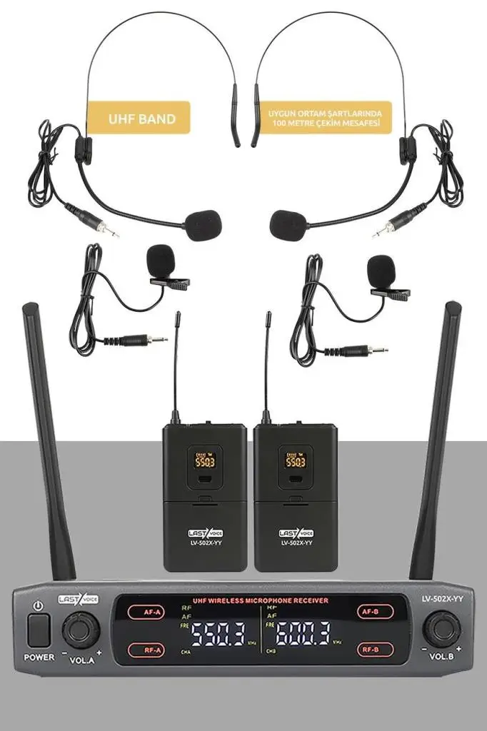 Lastvoice Lv-502H UHF Dijital 2x30 Kanal Çiftli Yaka Kafa Telsiz Kablosuz Mikrofon