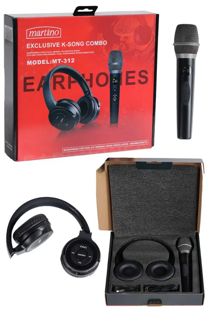 Martino MT-312 Kablosuz Mikrofon Referans Kulaklık Karaoke Seti TWS Özellikli Martino MT-312 Kablosuz Mikrofon Referans Kulaklık Karaoke Seti TWS Özellikli