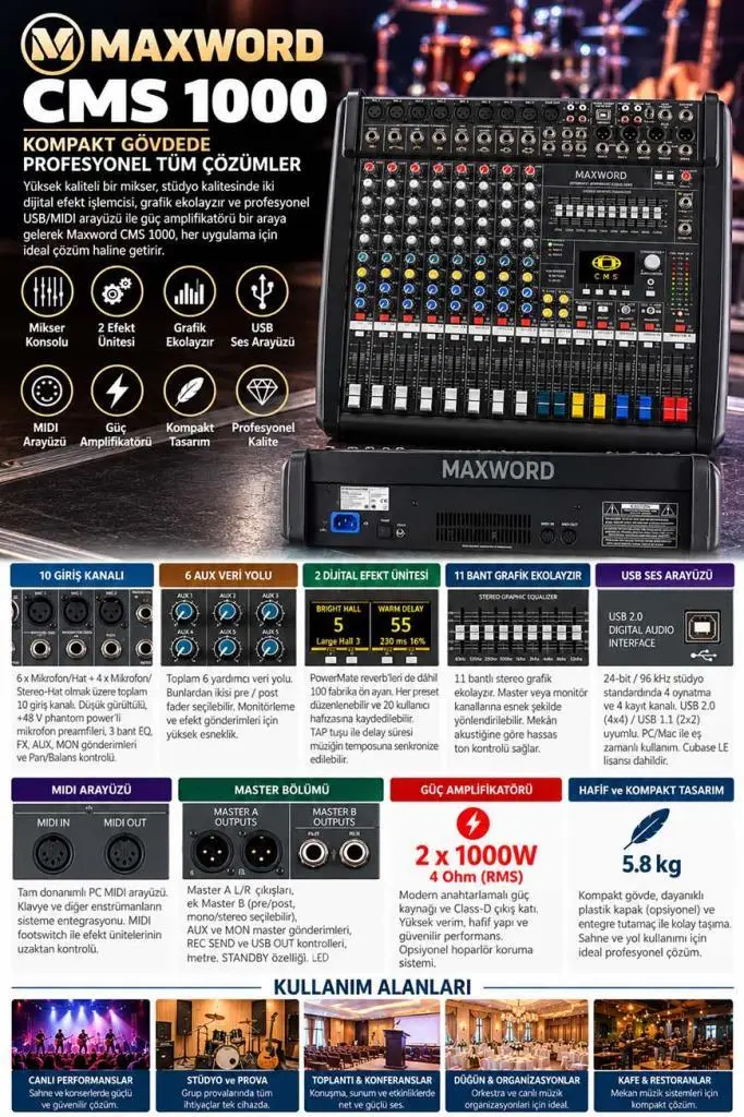 Maxword CMS-1000-3 Mixer 10 Kanal Analog Kompakt Power Mikser