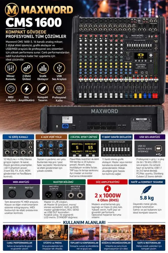 Maxword CMS 1600-3 Mixer 16 Kanal Analog Kompakt Power Mikser