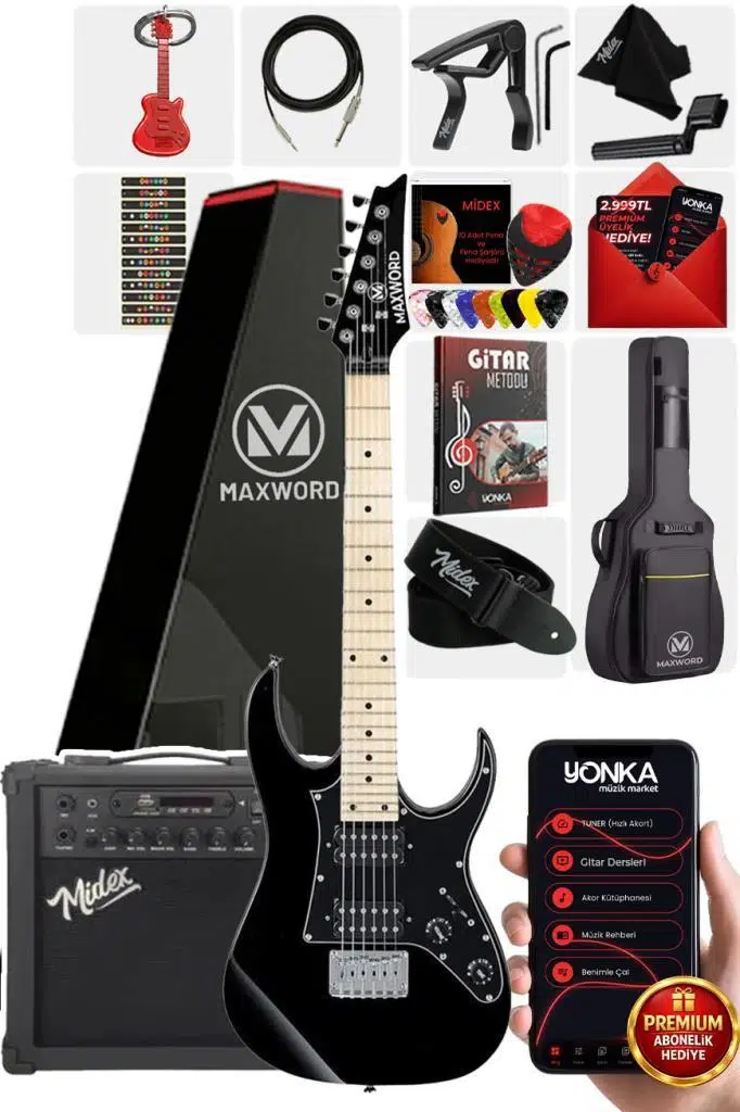 Maxword DE-150BK-25AMP Maple Klavye HH Yüksek Kaliteli 25W Amfili Elektro Gitar Seti