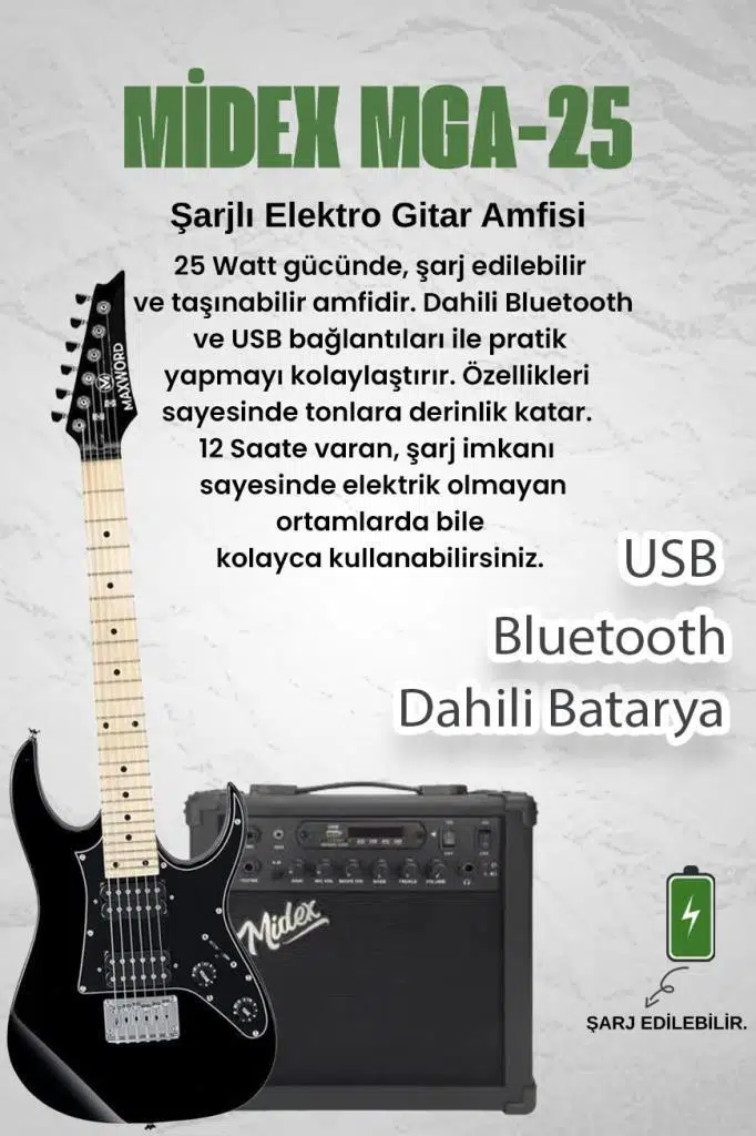 Maxword DE-150BK-25AMP Maple Klavye HH Yüksek Kaliteli 25W Amfili Elektro Gitar Seti