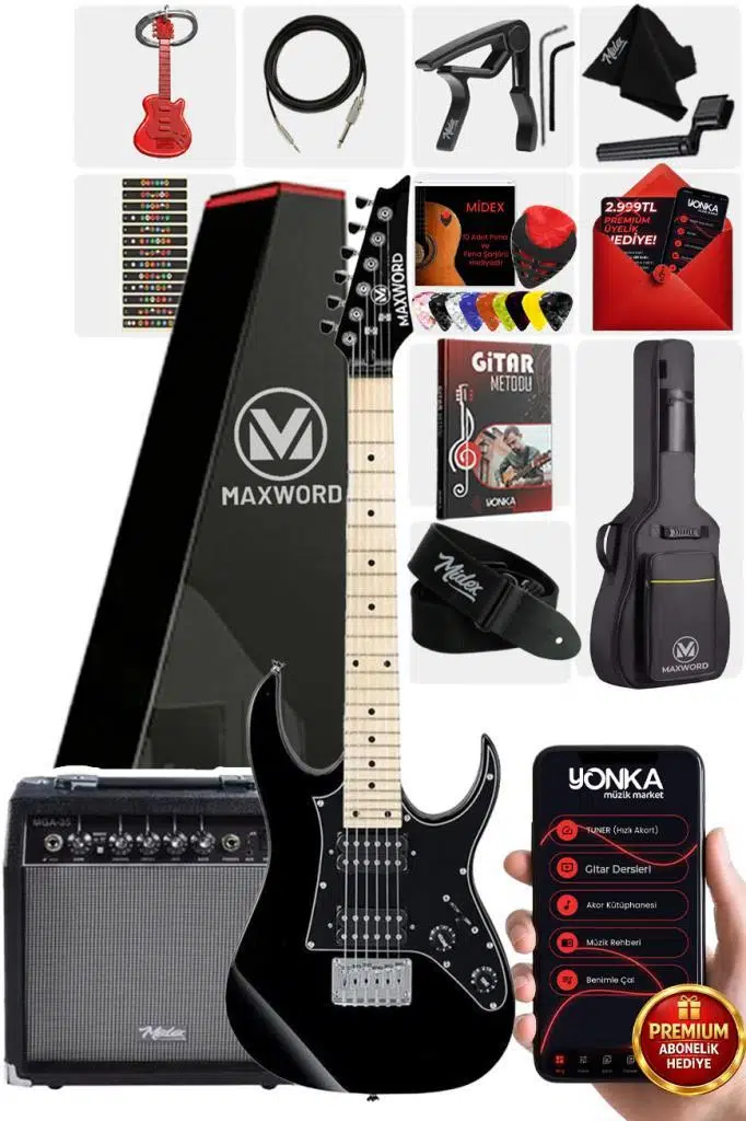 Maxword DE-150BK-35AMP Maple Klavye HH Yüksek Kaliteli 35W Amfili Elektro Gitar Seti