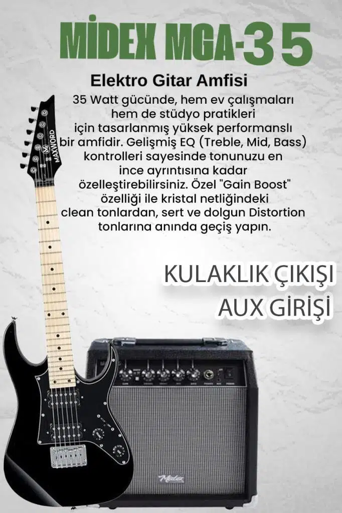 Maxword DE-150BK-35AMP Maple Klavye HH Yüksek Kaliteli 35W Amfili Elektro Gitar Seti