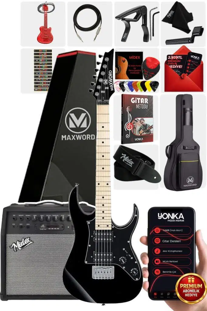 Maxword DE-150BK-50AMP Maple Klavye HH Yüksek Kaliteli 50W Amfili Elektro Gitar Seti