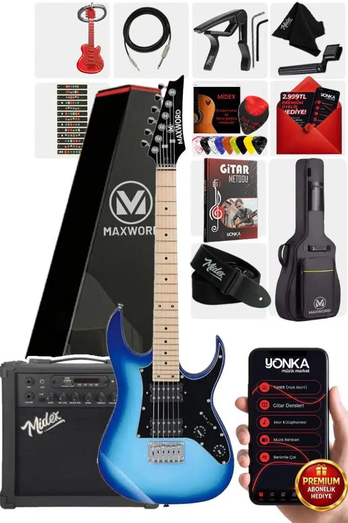 Maxword DE-150BL-25AMP Maple Klavye HH Yüksek Kaliteli 25W Amfili Elektro Gitar Seti Maxword DE-150BL-25AMP Maple Klavye HH Yüksek Kaliteli 25W Amfili Elektro Gitar Seti