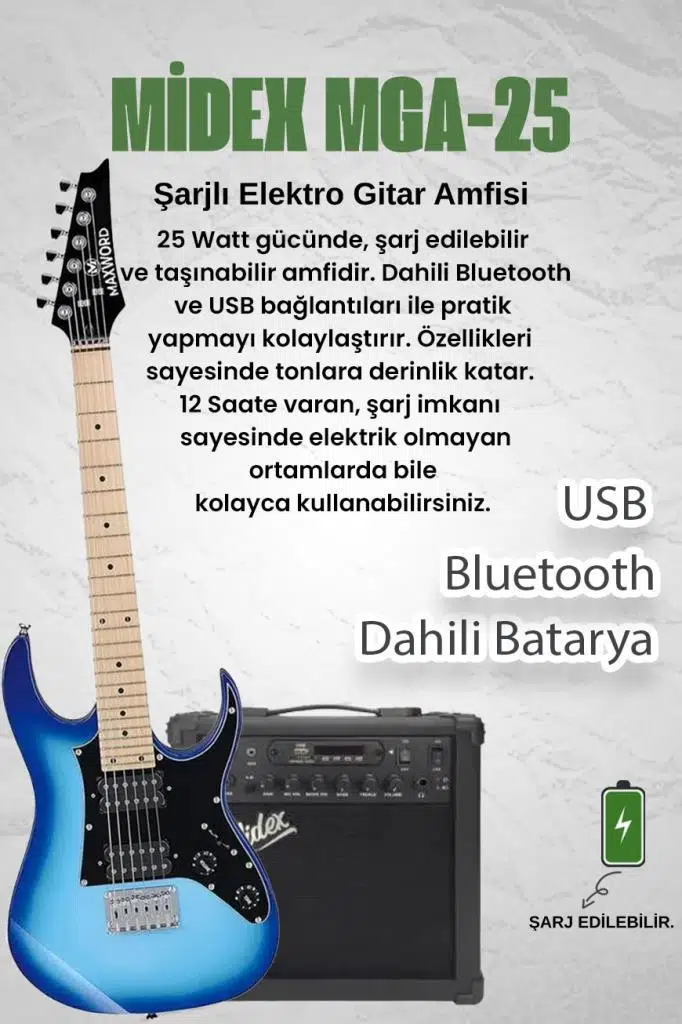 Maxword DE-150BL-25AMP Maple Klavye HH Yüksek Kaliteli 25W Amfili Elektro Gitar Seti Maxword DE-150BL-25AMP Maple Klavye HH Yüksek Kaliteli 25W Amfili Elektro Gitar Seti