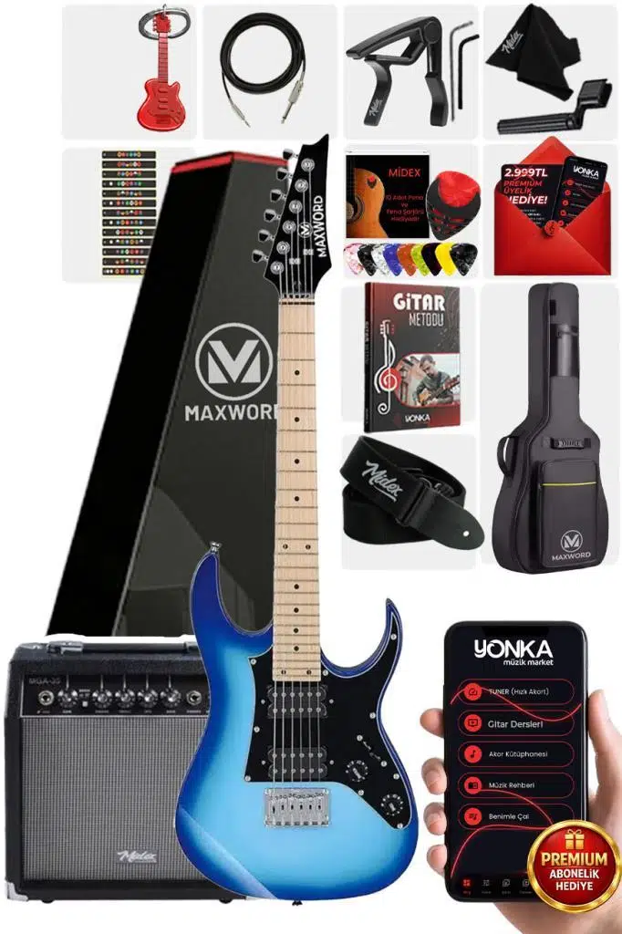 Maxword DE-150BL-35AMP Maple Klavye HH Yüksek Kaliteli 35W Amfili Elektro Gitar Seti