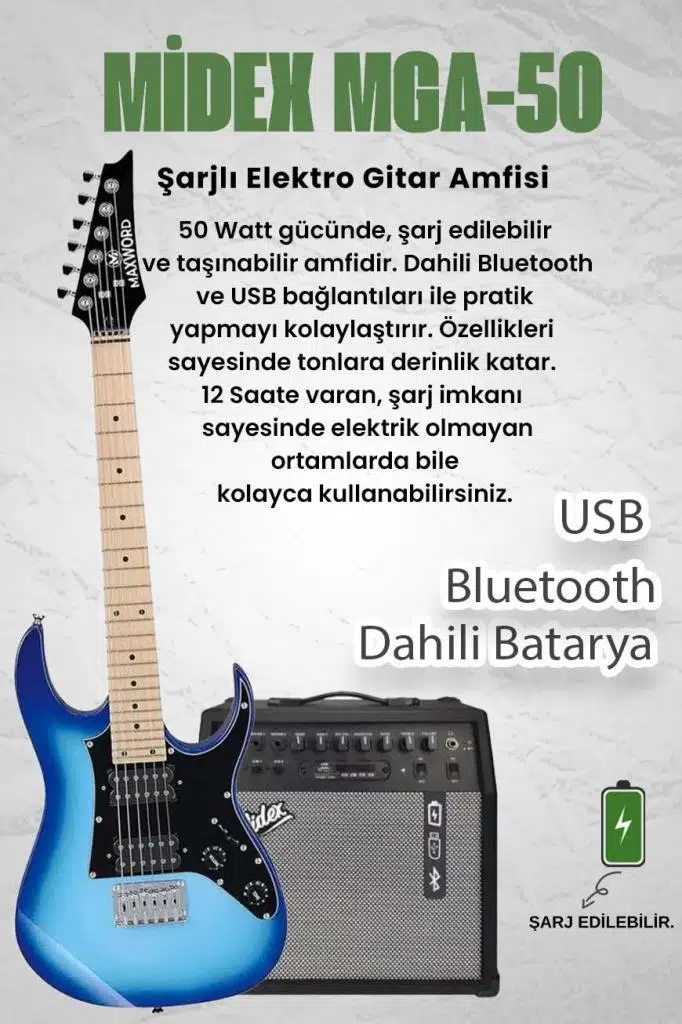 Maxword DE-150BL-50AMP Maple Klavye HH Yüksek Kaliteli 50W Amfili Elektro Gitar Seti