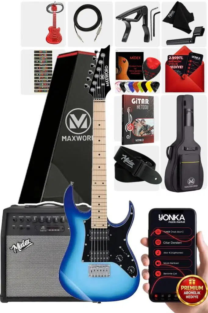 Maxword DE-150BL-50AMP Maple Klavye HH Yüksek Kaliteli 50W Amfili Elektro Gitar Seti Maxword DE-150BL-50AMP Maple Klavye HH Yüksek Kaliteli 50W Amfili Elektro Gitar Seti