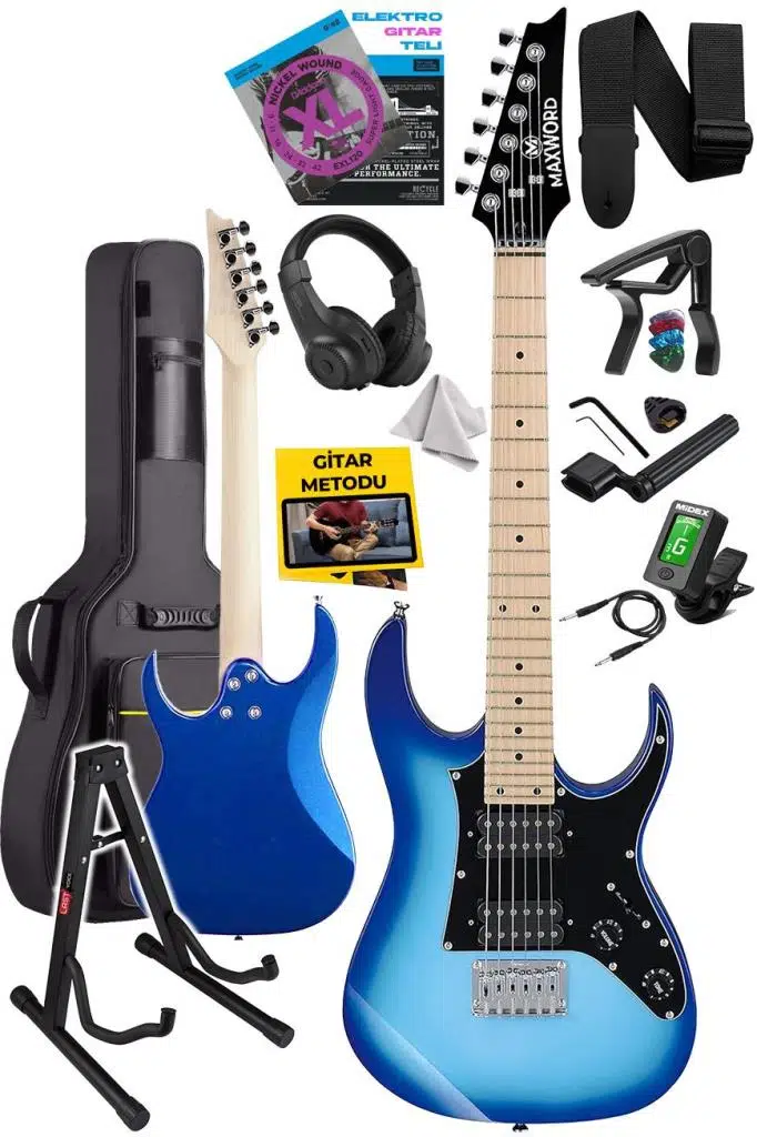 Maxword DE-150BL-ST Maple Klavye HH Manyetik Yüksek Kaliteli Elektro Gitar Seti