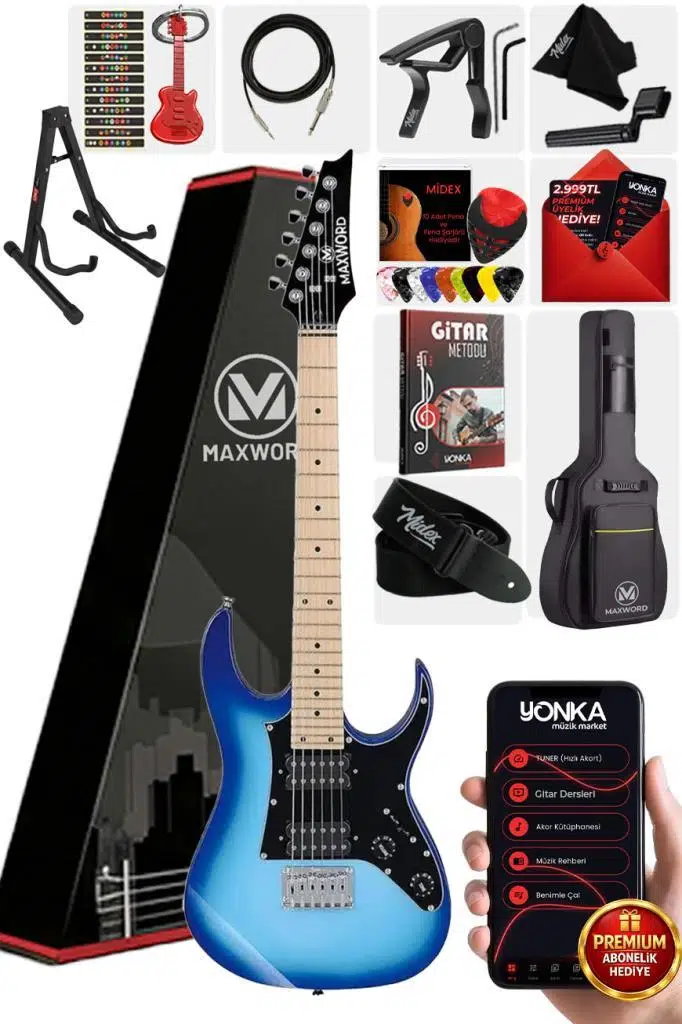 Maxword DE-150BL-ST Maple Klavye HH Manyetik Yüksek Kaliteli Elektro Gitar Seti