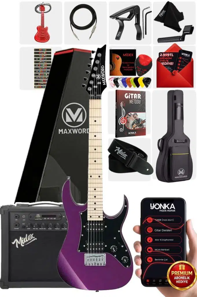 Maxword DE-150PU-25AMP Maple Klavye HH Yüksek Kaliteli 25W Amfili Elektro Gitar Seti