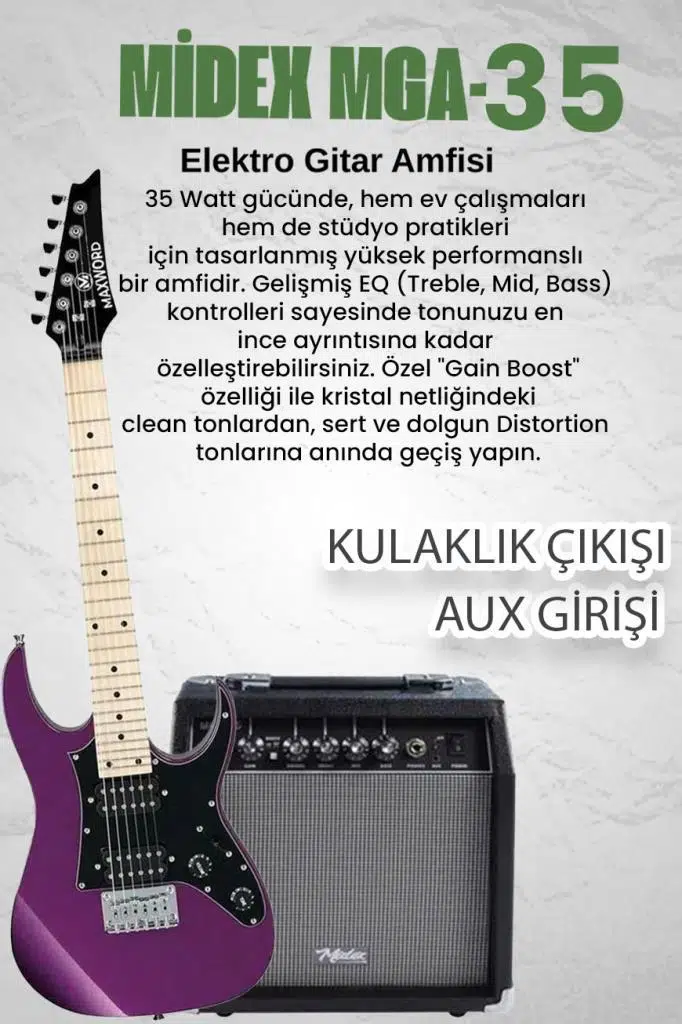 Maxword DE-150PU-35AMP Maple Klavye HH Yüksek Kaliteli 35W Amfili Elektro Gitar Seti