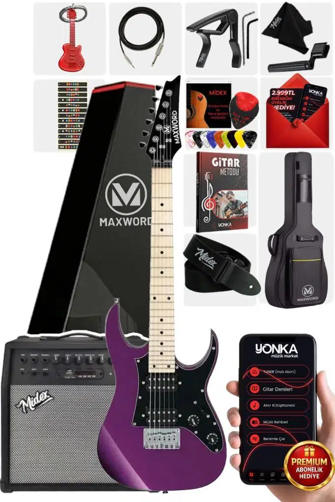 Maxword DE-150PU-50AMP Maple Klavye HH Yüksek Kaliteli 50W Amfili Elektro Gitar Seti