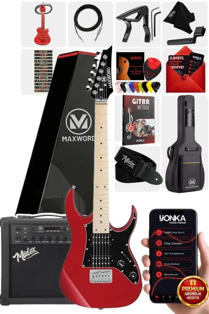 Maxword DE-150RD-25AMP Maple Klavye HH Yüksek Kaliteli 25W Amfili Elektro Gitar Seti Maxword DE-150RD-25AMP Maple Klavye HH Yüksek Kaliteli 25W Amfili Elektro Gitar Seti