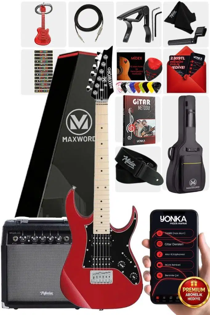 Maxword DE-150RD-35AMP Maple Klavye HH Yüksek Kaliteli 35W Amfili Elektro Gitar Seti