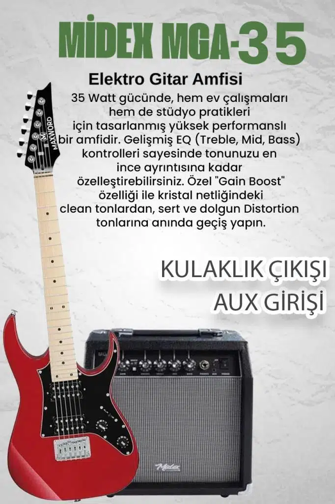 Maxword DE-150RD-35AMP Maple Klavye HH Yüksek Kaliteli 35W Amfili Elektro Gitar Seti