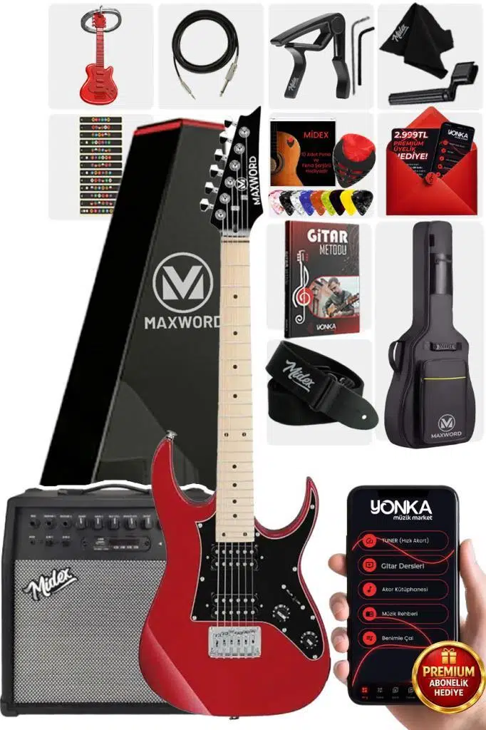 Maxword DE-150RD-50AMP Maple Klavye HH Yüksek Kaliteli 50W Amfili Elektro Gitar Seti Maxword DE-150RD-50AMP Maple Klavye HH Yüksek Kaliteli 50W Amfili Elektro Gitar Seti