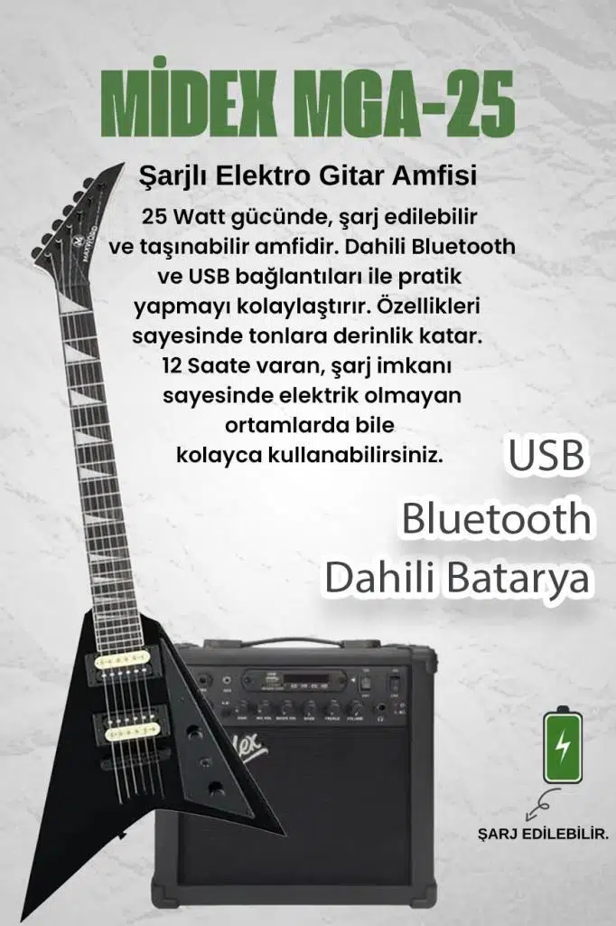 Maxword DG-28BK-25AMP V Kasa Gül Klavye 2x Zebra Humbucker Manyetik 25W Amfili Elektro Gitar