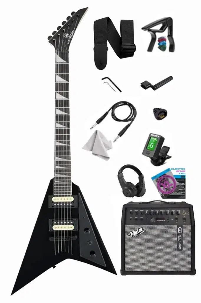Maxword DG-28BK-50AMP V Kasa Gül Klavye 2x Zebra Humbucker Manyetik 50W Amfili Elektro Gitar
