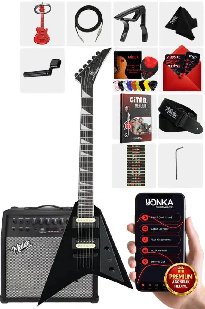 Maxword DG-28BK-50AMP V Kasa Gül Klavye 2x Zebra Humbucker Manyetik 50W Amfili Elektro Gitar