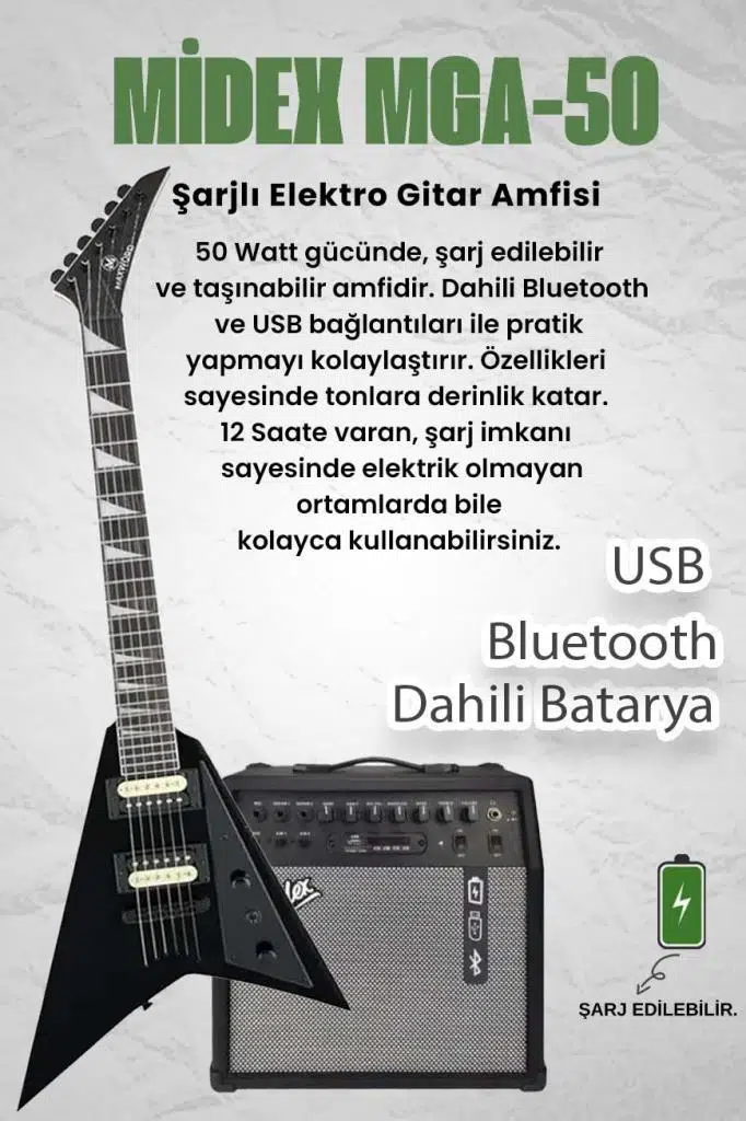 Maxword DG-28BK-50AMP V Kasa Gül Klavye 2x Zebra Humbucker Manyetik 50W Amfili Elektro Gitar
