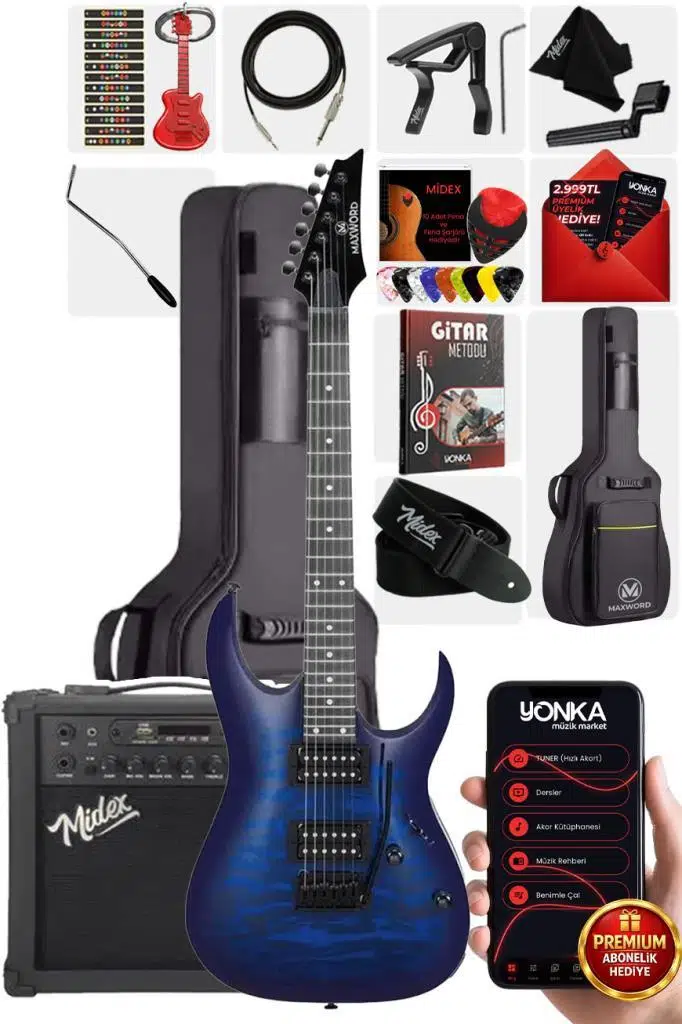 Maxword Grade-25AMP Blue Rosewood Yüksek Kalite 25W Amfili Elektro Gitar