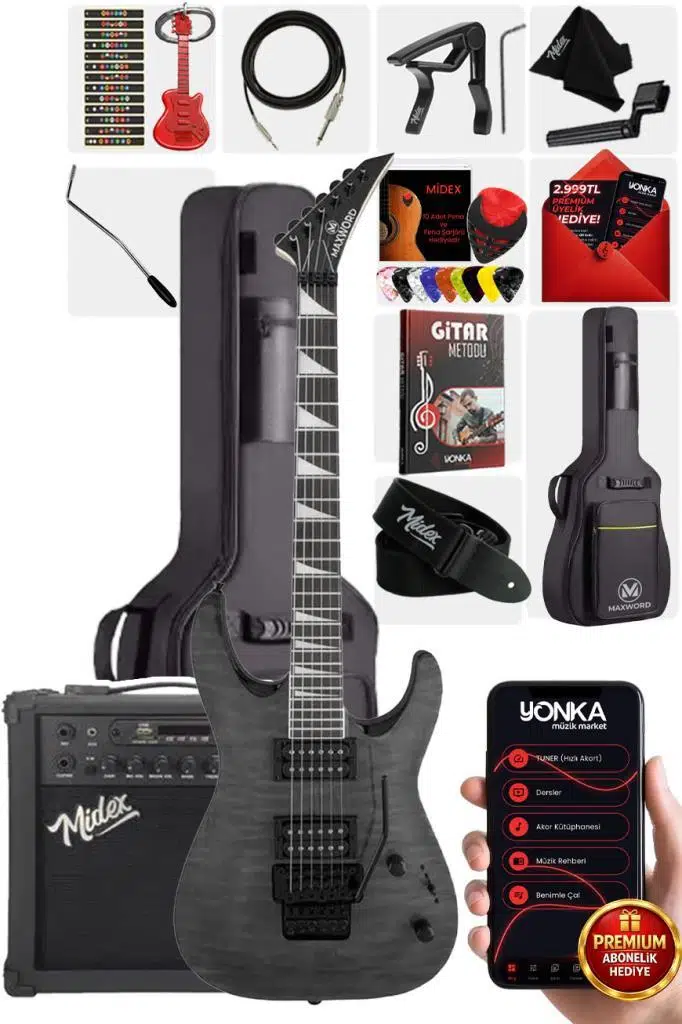 Maxword Grade-25AMP Gray Rosewood Yüksek Kalite Floyde Rose 25W Amfili Elektro Gitar