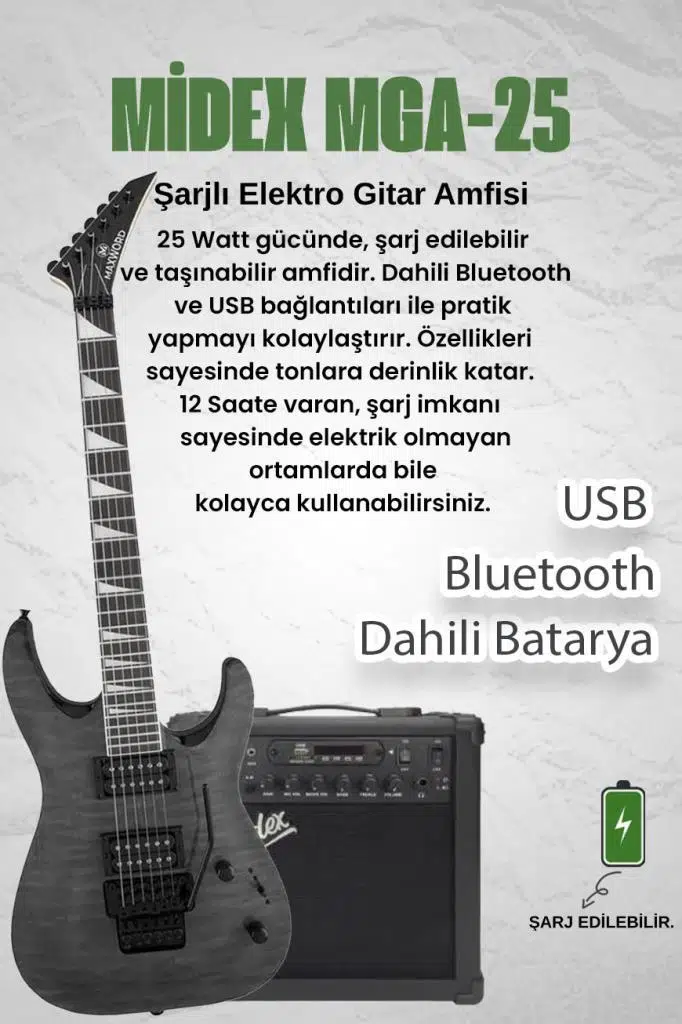 Maxword Grade-25AMP Gray Rosewood Yüksek Kalite Floyde Rose 25W Amfili Elektro Gitar