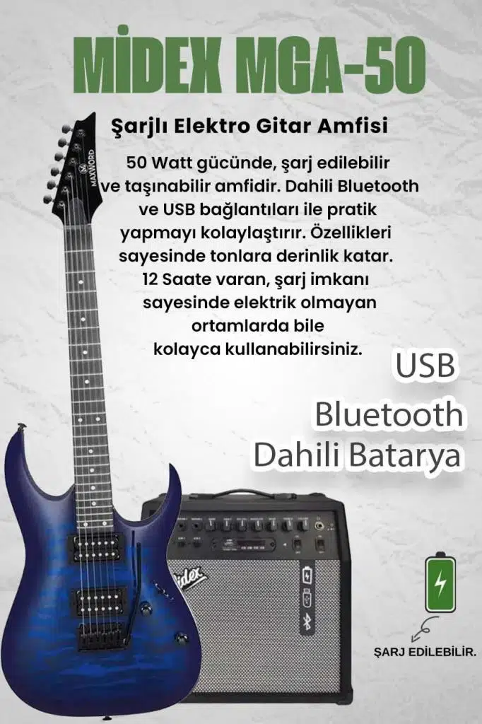 Maxword Grade-50AMP Blue Rosewood Yüksek Kalite 50W Amfili Elektro Gitar