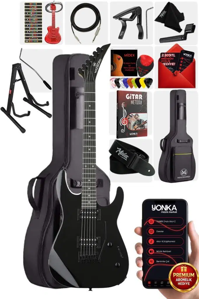 Maxword Grade-ST Black Rosewood Klavye HH Yüksek Kaliteli Elektro Gitar