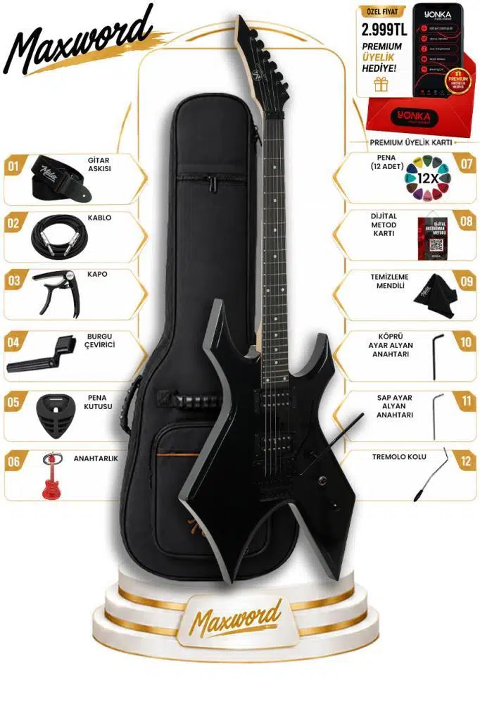 Maxword GT-Line-BK Profesyonel Warlock Kasa HH Elektro Gitar Seti Siyah Maxword GT-Line-BK Profesyonel Warlock Kasa HH Elektro Gitar Seti Siyah