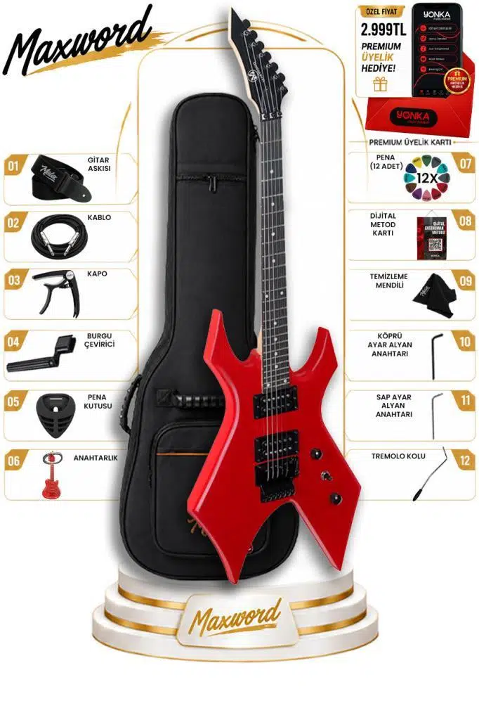 Maxword GT-Line-RD Profesyonel Warlock Kasa HH Elektro Gitar Seti Kırmızı Maxword GT-Line-RD Profesyonel Warlock Kasa HH Elektro Gitar Seti Kırmızı