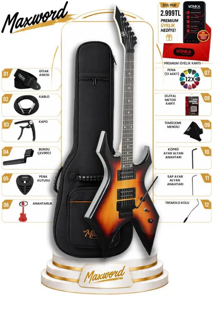 Maxword GT-Line-SB Profesyonel Warlock Kasa HH Elektro Gitar Seti Sunburs Maxword GT-Line-SB Profesyonel Warlock Kasa HH Elektro Gitar Seti Sunburs