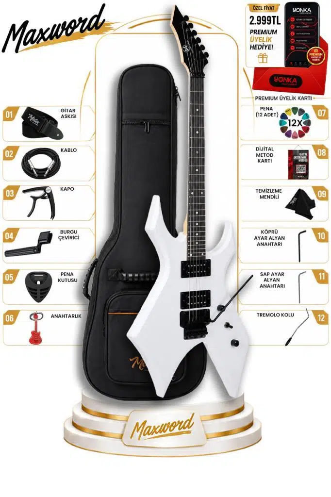 Maxword GT-Line-WH Profesyonel Warlock Kasa HH Elektro Gitar Seti Beyaz Maxword GT-Line-WH Profesyonel Warlock Kasa HH Elektro Gitar Seti Beyaz